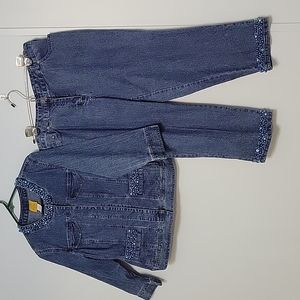 Women's Blue Denim Jacket & Crop Pants 2 PC Embellished Ruby Rd. Size 12P & M